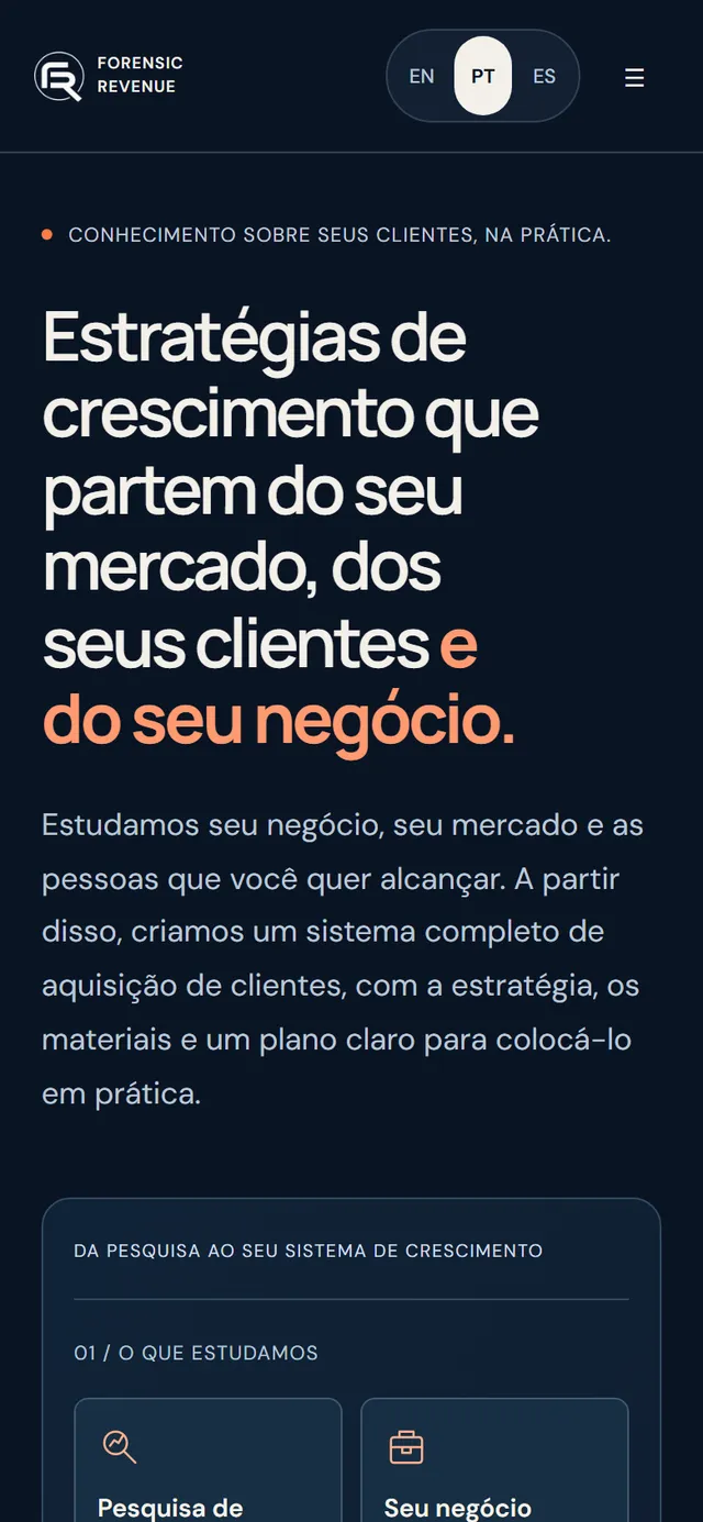 Página inicial da Forensic Revenue no celular.