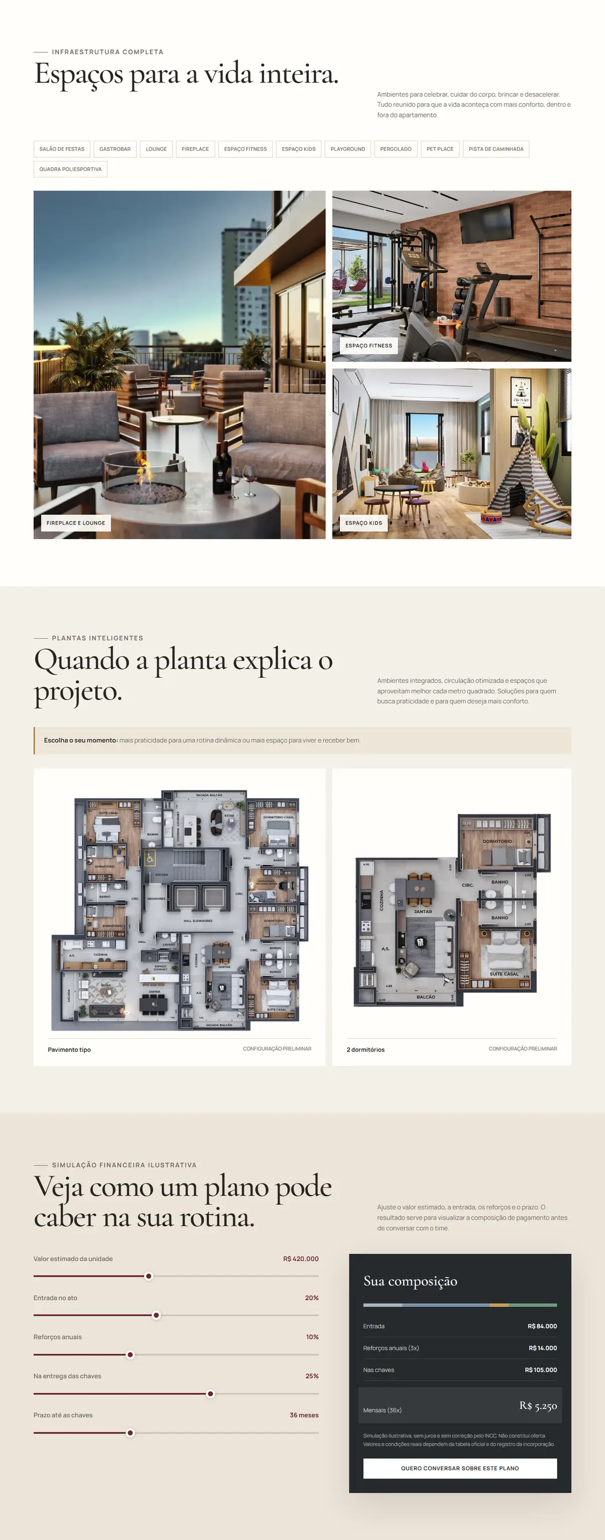 Landing page de lançamento imobiliário: galeria de espaços, plantas, simulação de pagamento e questionário.