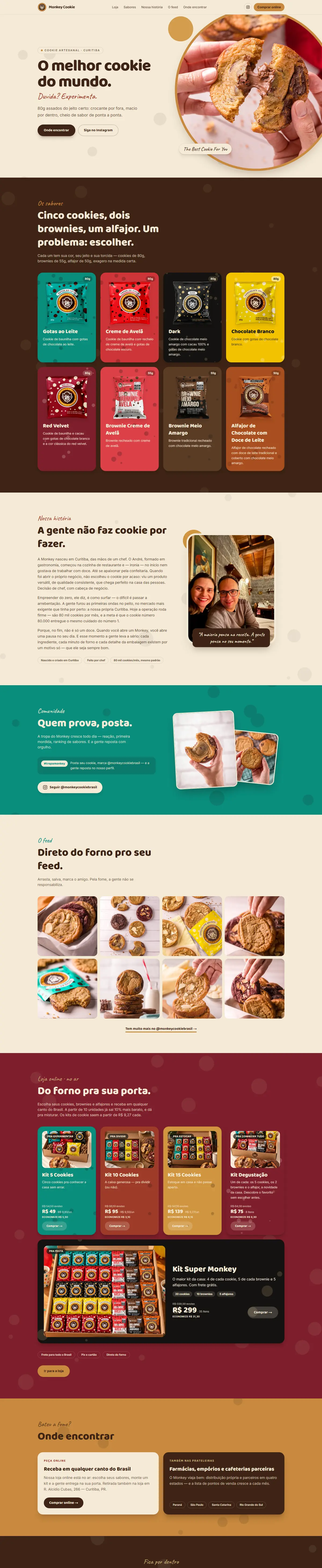 Site da Monkey Cookie: sabores, história, comunidade, feed e kits.