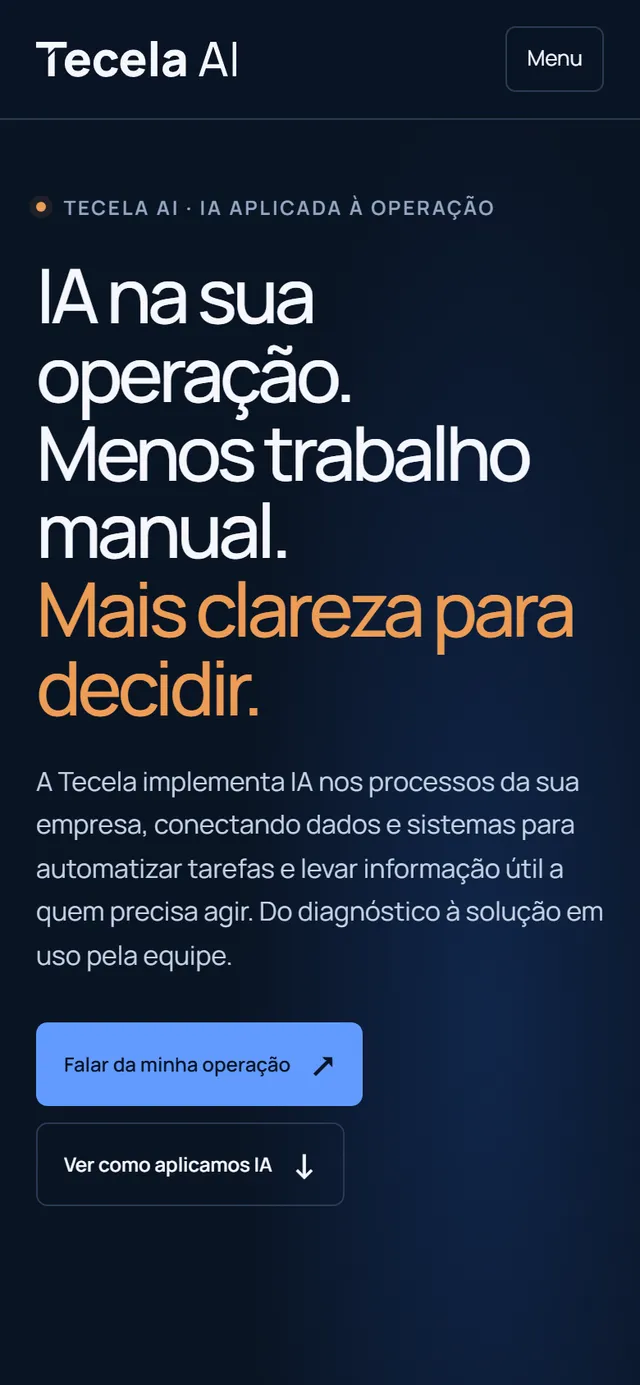 Página inicial da Tecela AI no celular.